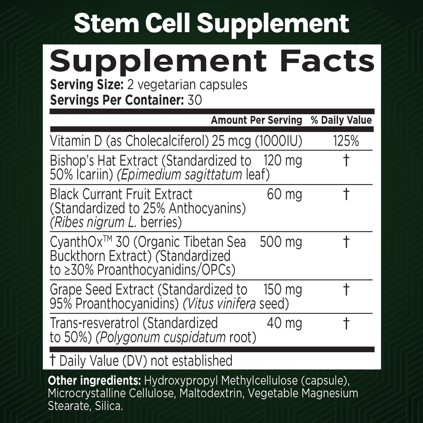 Stem Cell Supplement - Organic Tibetan Sea Buckthorn-Resveratrol, Vitamin D, Bishop's Hat Extract (1 Bottle, 60 Count)