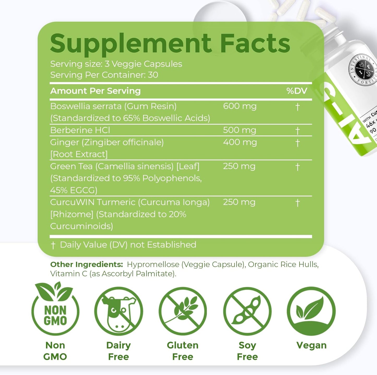 Intestinal Fortitude AI-5 - Digestive Herbal Capsule Supplement w/CurcuWIN, Turmeric, Curcumin, Boswellia Serrata, Ginger Root & EGCG Green Tea for Gut & DigestiveHealth Support, Non-GMO, Dairy Free