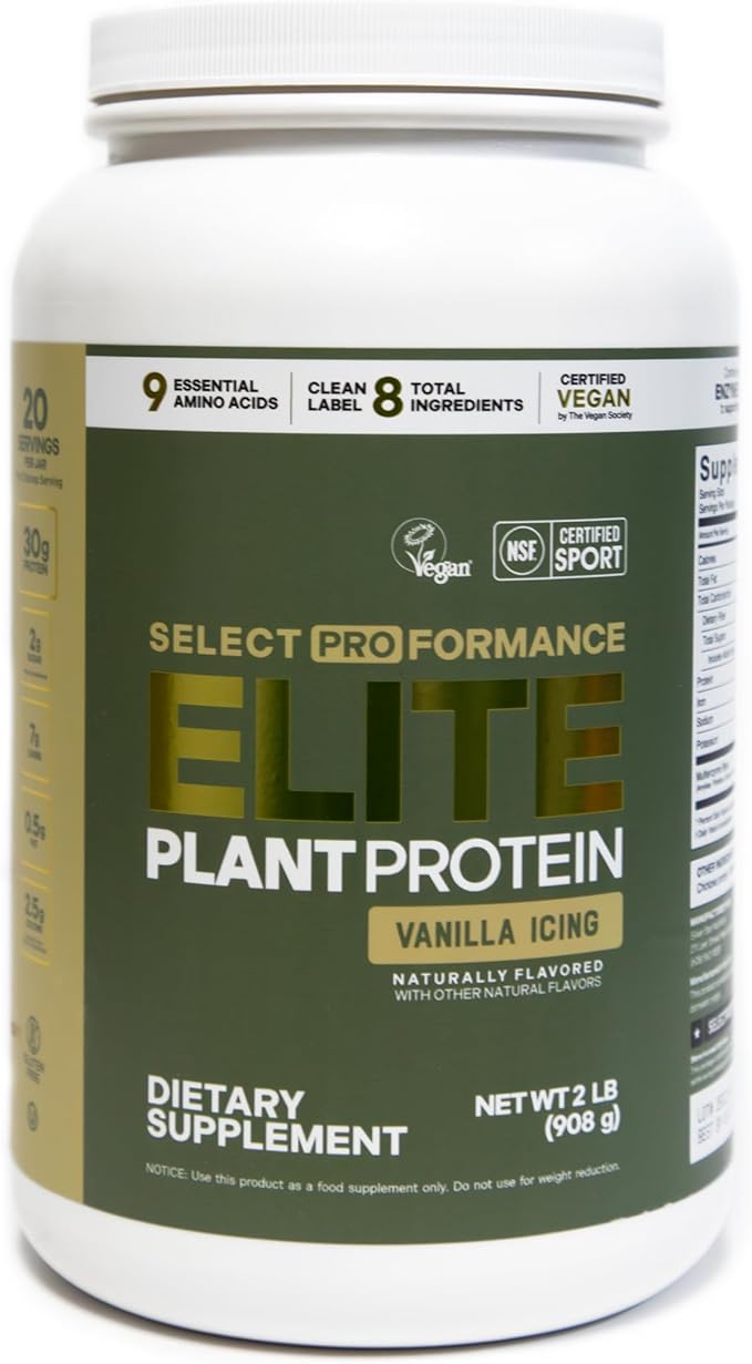 Select Proformance Elite Vegan Protein Powder - 15g of Protein, Plant Based, Dairy Free, Gluten Free, Clean Ingredients - Vanilla Icing, 2lb Tub (40 Servings)