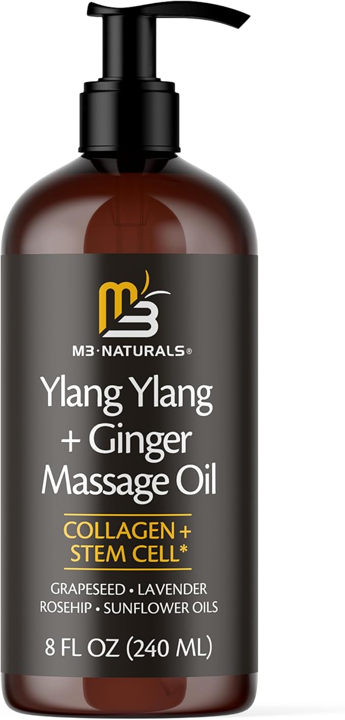 Ylang Ylang + Ginger Lymphatic Drainage Massage Oil – with Collagen & Stem Cells for Circulation, Detox & Cellulite Removal – Body Oil for Muscle Relief, Skin Firming & Relaxation – 8oz by M3