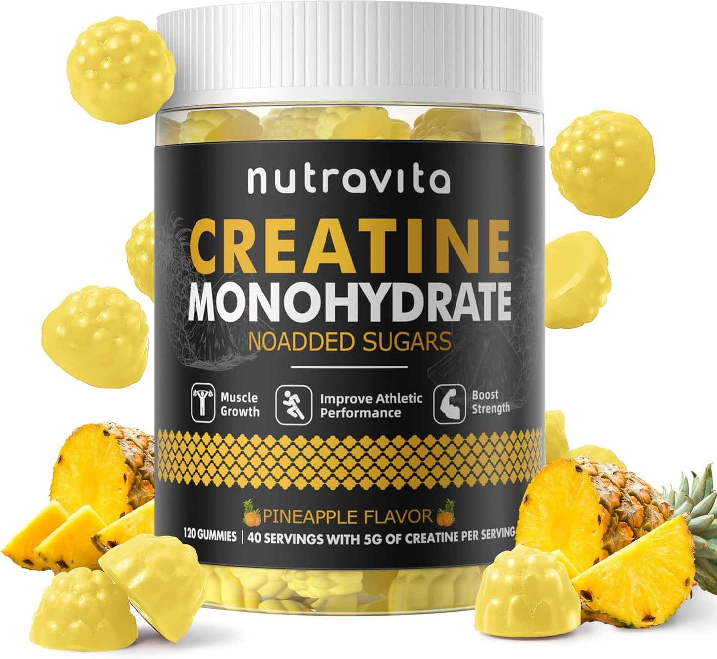 Creatine Monohydrate Gummies for Men & Women-5g of Creatine Monohydrate per Serving - Sugar Free,Vegan,Pineapple Flavor, 120 Count