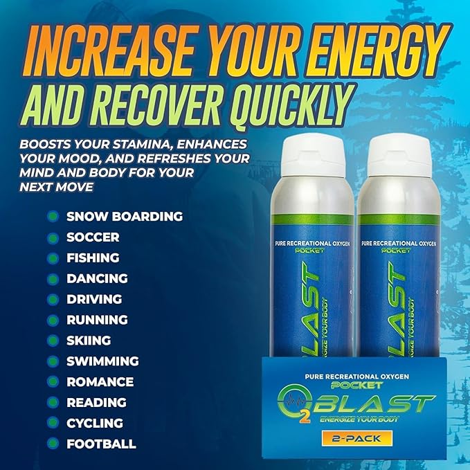 O2 Blast - Pure Oxygen Supplement - Filled with 99.99% Pure Oxygen to Support Fast Recovery, Increase Stamina & Enhance Focus for High Altitude and Action Sports, 4L Portable Can Flip-Top Cap, 2-Pack