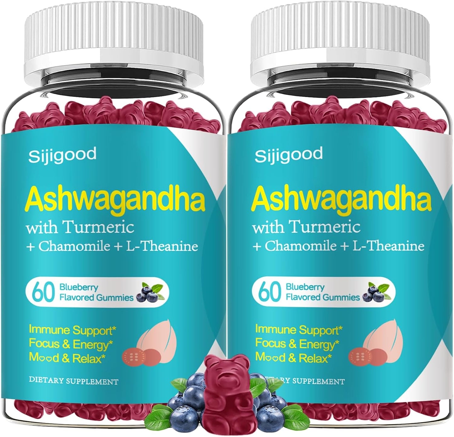 2 Pack Ashwagandha Gummies, Support for Immunity, Relaxation, Calm Mood & Zzz, Ashwagandha Supplements for Men & Women, Natural Blueberry Flavor, 120 Count