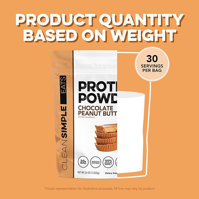 Clean Simple Eats Whey Protein Powder, Chocolate Peanut Butter Flavor Naturally Sweetened, 100% Grass Fed Protein Powder with Digestive Enzymes & No Artificial Ingredients, Gluten Free, 30 Servings