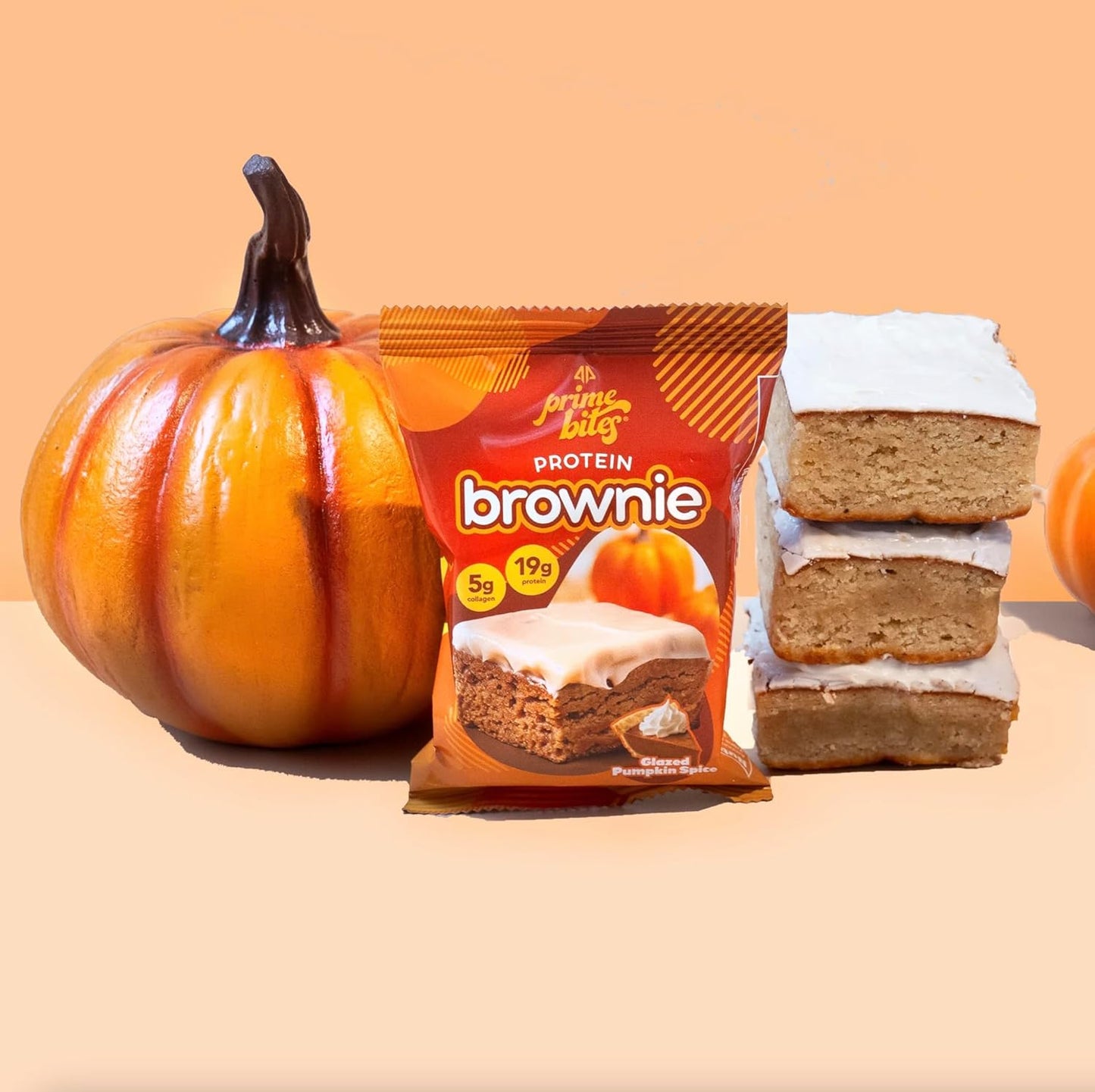 Prime Bites Protein Brownie from Alpha Prime Supplements | High Protein, Collagen Fortified Low Sugar Treat | Delicious Snack | 12 Bars per Box (Glazed Pumpkin Spice)