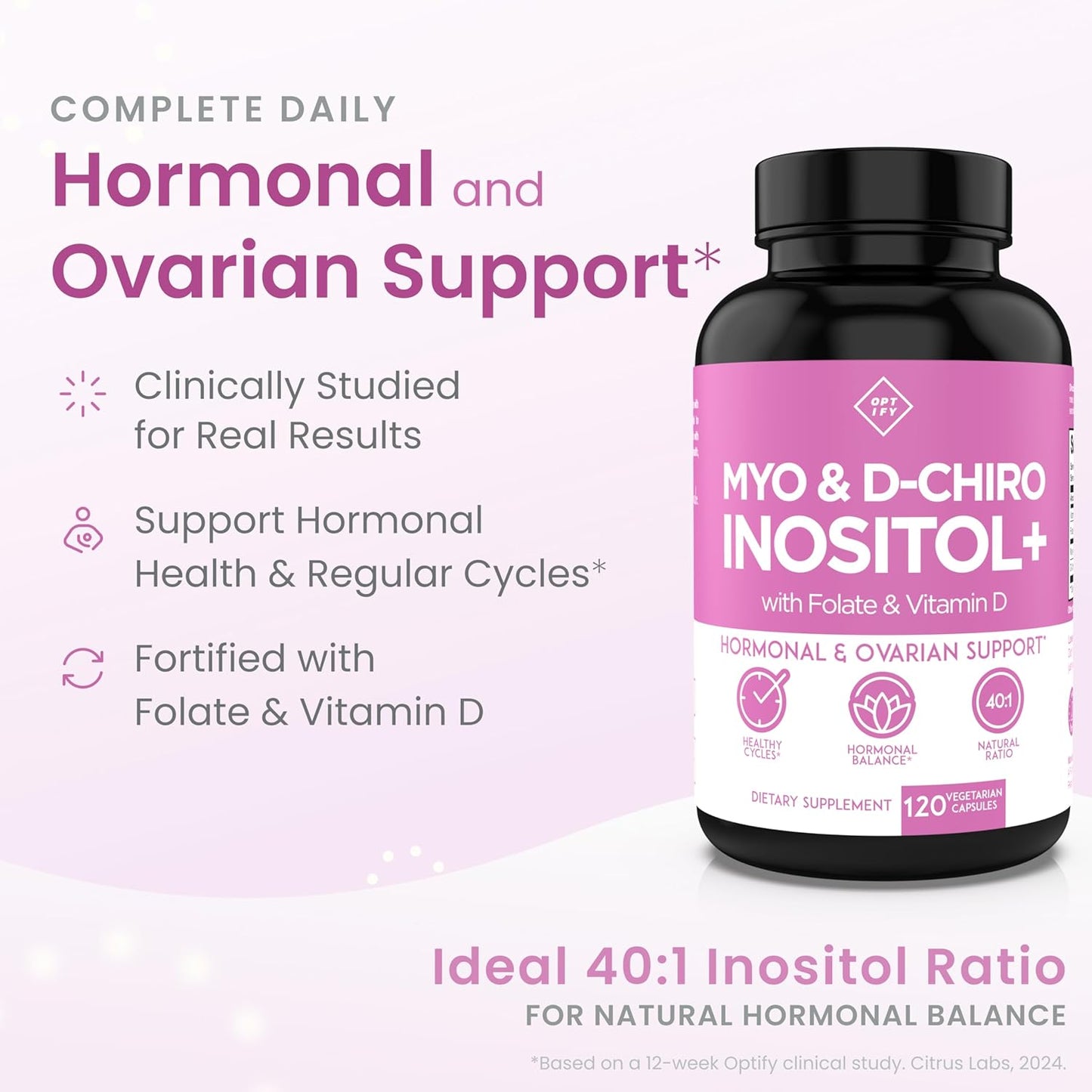Optify Myo-Inositol & D-Chiro Inositol Supplement for Women – 40:1 Ratio Plus Folate and Vitamin D – Support Healthy Hormonal Balance, Regular Cycles, & Ovarian Health – 30-Day Supply