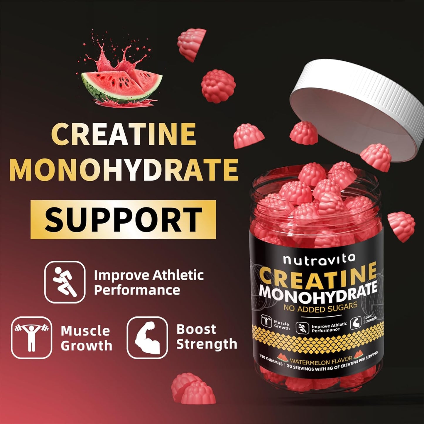 Creatine Monohydrate Gummies for Men & Women, Creatine Monohydrate for Muscle Strength, Muscle Builder, Energy Boost, Pre-Workout Supplement(120 Count)-Watermelon Flavor