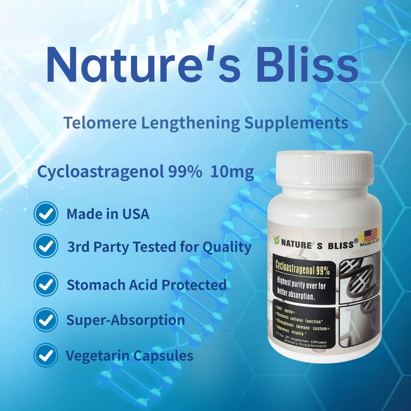 Nature'sbliss Telomerase Supplements Cycloastragenol 10mg 99%, Astragalus Root Extract, Anti Aging Supplement, Immunity Boost, Stomach Acid Protected, Super Absorption, 30 Capsules
