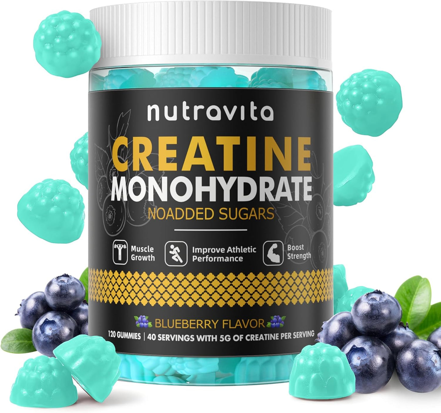 Creatine Monohydrate Gummies for Men & Women-5g of Creatine Monohydrate per Serving - Sugar Free,Vegan, Blueberry Flavor, 120 Count