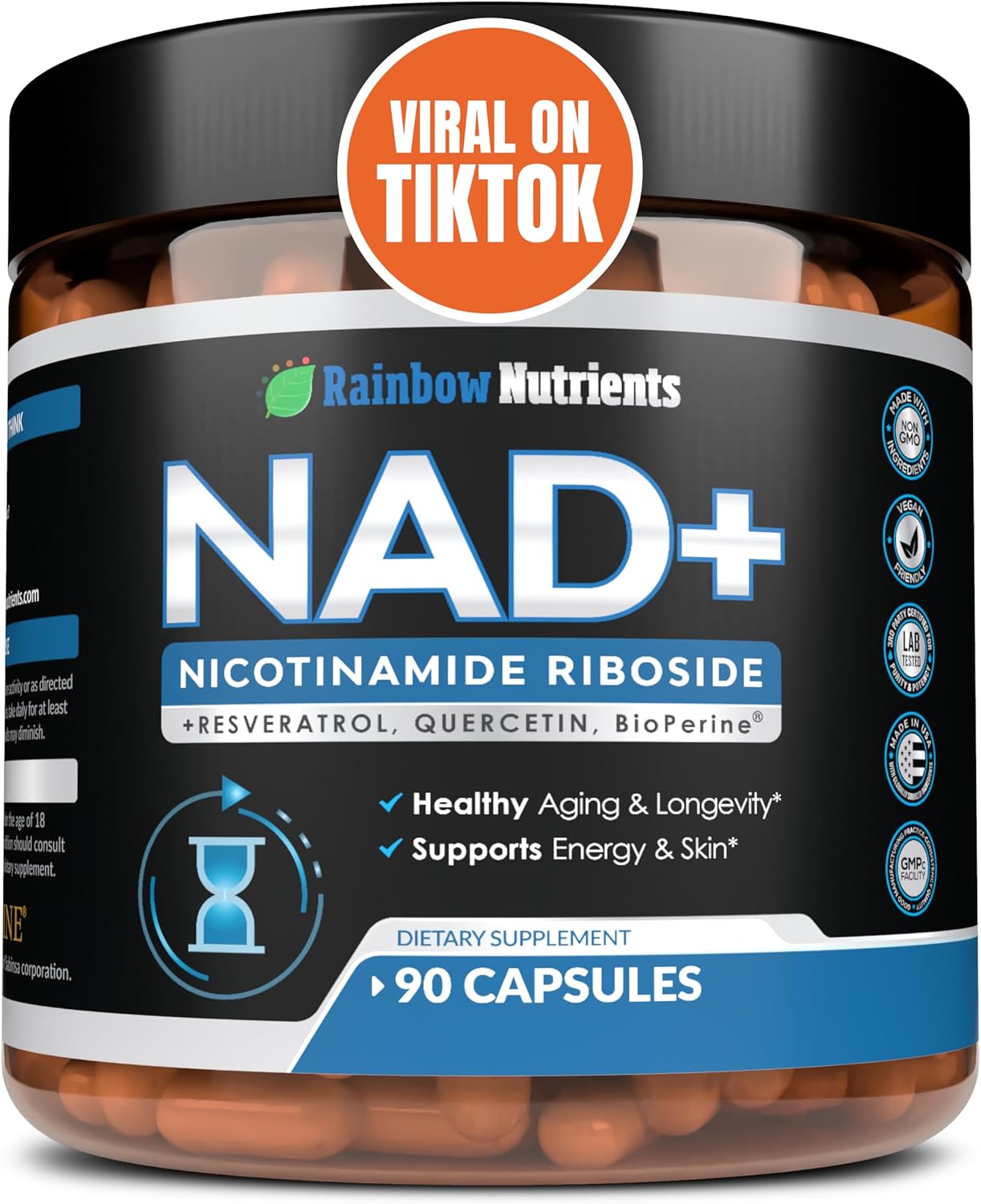 13,510mg NAD+ Supplement- Nicotinamide Riboside, Resveratrol, Quercetin & BioPerine® (High Absorption)- Natural NAD Booster for Anti-Aging, Cellular Energy, Skin- For Women & Men- 90 V Capsules
