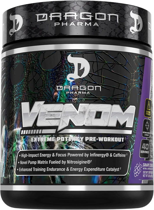 DRAGON PHARMA Venom Extreme Potency Pre-Workout, Laser Sharp Focus + Energy, Intense Performance, Proven Ingredients for Enhanced Vasodilation & Endurance (40 Servings, Grape Crush)