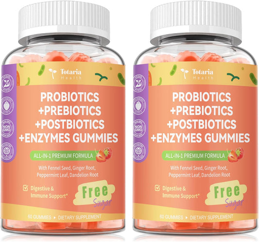 (2 Packs) Totaria Sugar Free 5-in-1 Probiotic Prebiotic Postbiotic Gummy, Probiotics for Women Men with Digestive Enzymes, Peppermint, Complete Immune, Gut & Digestive Support, Vegan Strawberry Flavor