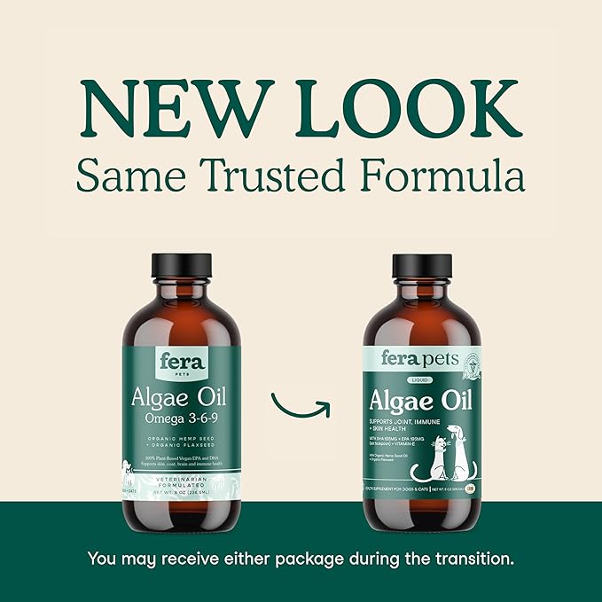 Fera Pets Algae Oil - Cats & Dogs Omega 3 Oil - Vegan - Immune, Heart, Brain, Skin and Coat Support - Includes Vitamin E, Organic Hemp Seed & Flaxseed Oil - 100% Plant Based Omega-3s - 8 oz