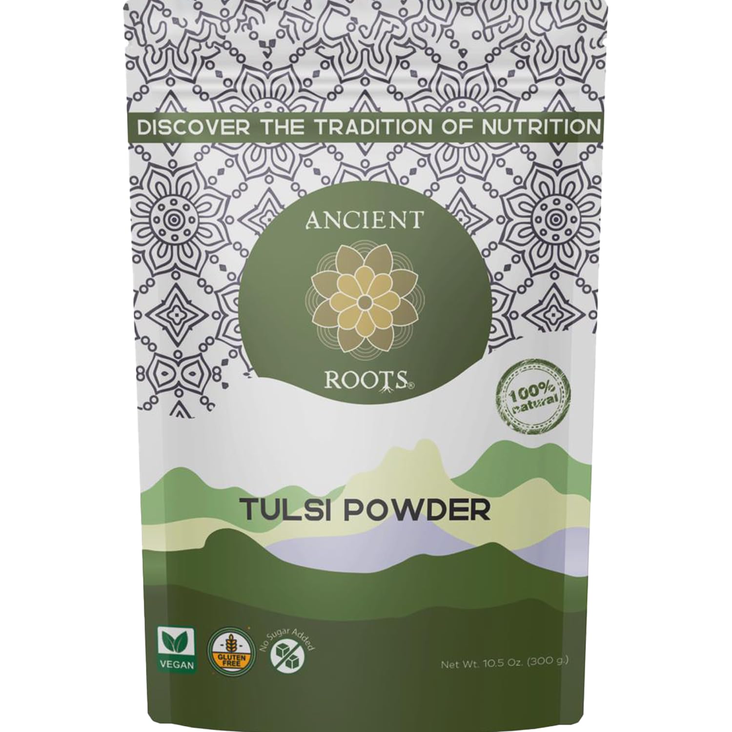 Ancient Roots Tulsi Powder - 100% Pure & Natural, Non-GMO, Gluten-Free, Finely Ground Holy Basil for Teas, Smoothies, and Recipes, 10.5 oz Resealable Bag