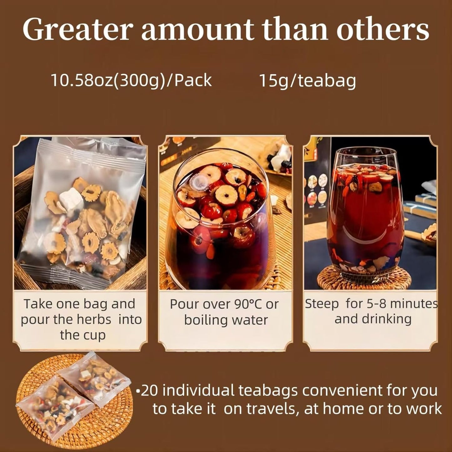 20 Pack Organic Ginseng Kidney Tea-Ginseng Six Treasure tea,Eight Natrual Herbs Blend Mulberry,Wolfberry-Traditional Chinese Herbal Kidney Tea Formula for Men & Women,100% Plant Base(300g/Bag)