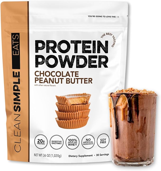 Clean Simple Eats Whey Protein Powder, Chocolate Peanut Butter Flavor Naturally Sweetened, 100% Grass Fed Protein Powder with Digestive Enzymes & No Artificial Ingredients, Gluten Free, 30 Servings