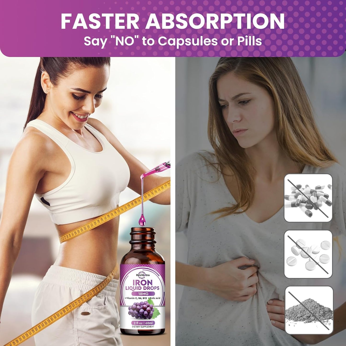 2 Pack Liquid Iron Supplement for Women, Men & Kids - Liquid Iron Drops with Folate, Vitamin C, B6, B12 for Anemia, Red Blood Cell, Energy Support - Grape Flavor