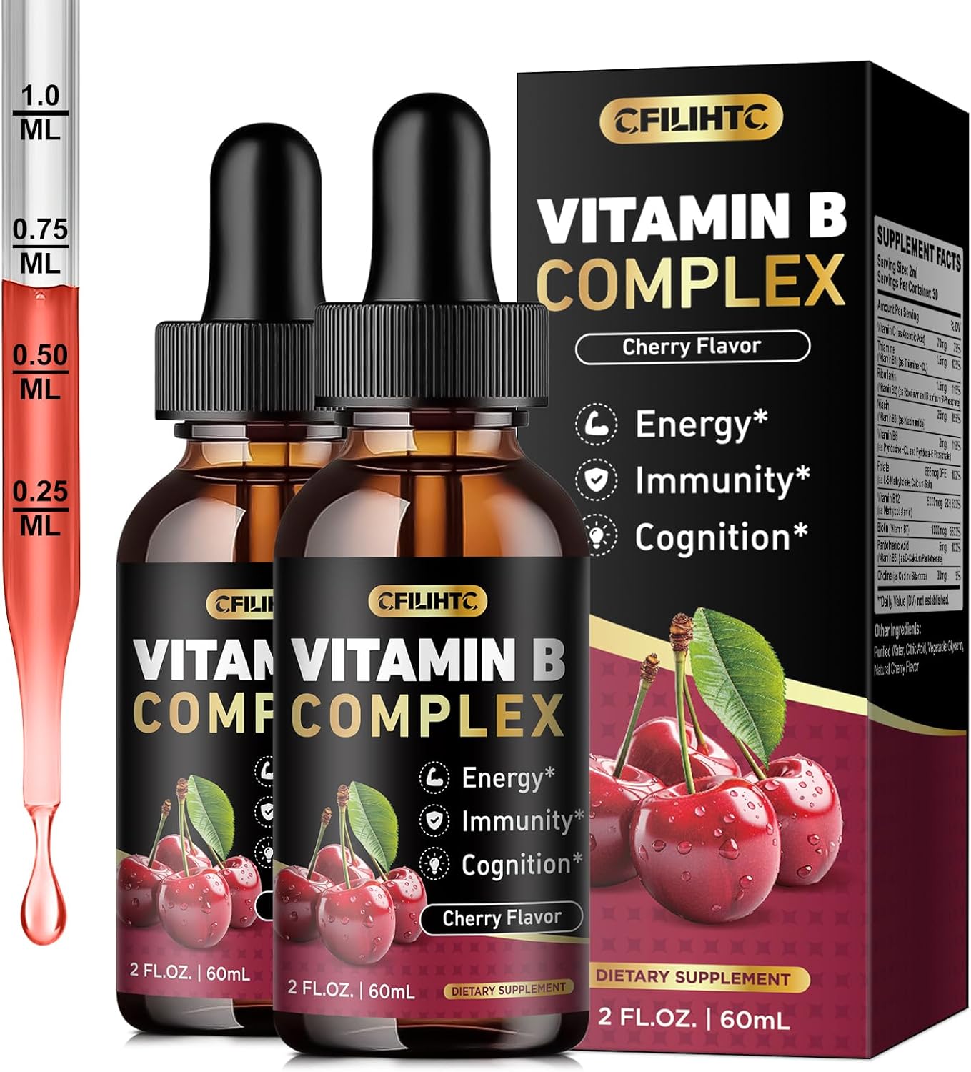 (2 Pack) Vitamin B Complex Liquid Drops, B Vitamins Complex Supplement with B1, B2, B3, B5 B6, B7, B9 & Methyl B12 Drops for Adults & Kids, Vegan, Cherry Flavor