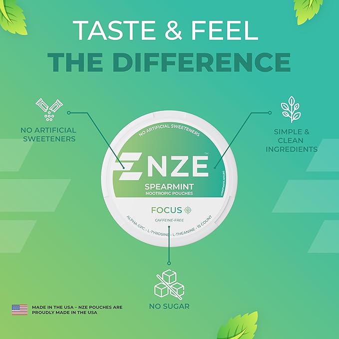 NZE Caffeine Free Nootropic Pouches (Spearmint) - Nootropic Pouches with Alpha GPC, L-Tyrosine & L-Theanine - No Sugar or Artificial Sweeteners - 15 Nicotine Free Pouches Per Can - 5 Pack