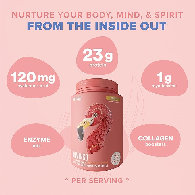 BIRDMAN Fitmingo Vegan Protein Powder with Inositol, Collagen Boosters, Hyaluronic Acid and Vitamins | Low Carb, Dairy Free, Lactose Free, Low Calorie | 23g Plant Based Vanilla Protein Powder