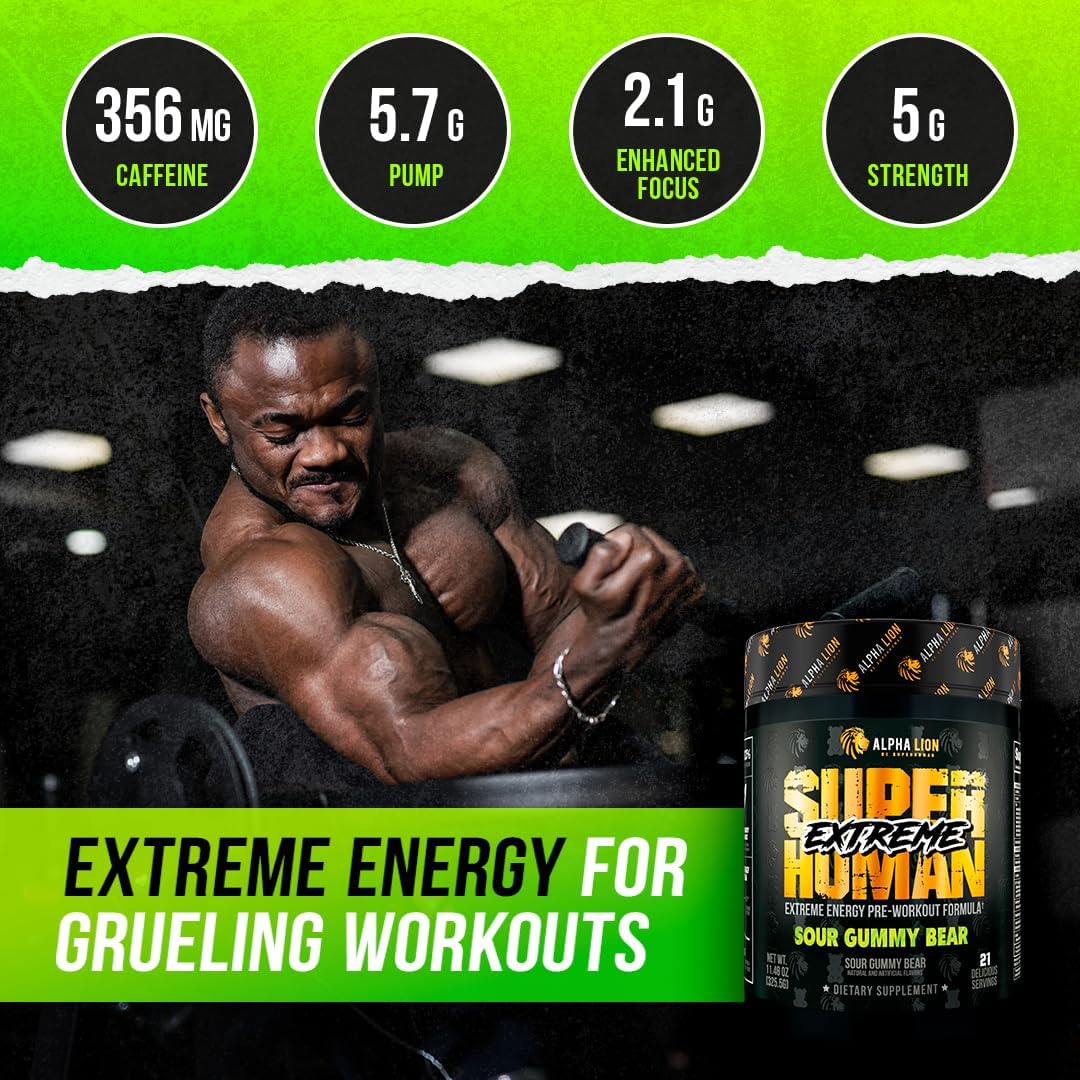 ALPHA LION Superhuman Extreme High Stim Pre Workout Powder, Beta Alanine, L-Taurine & 356mg Tri-Source Caffeine for Sustained Energy, Nitric Oxide & Citrulline for Pump (21 Servings, Sour Gummy Bear)