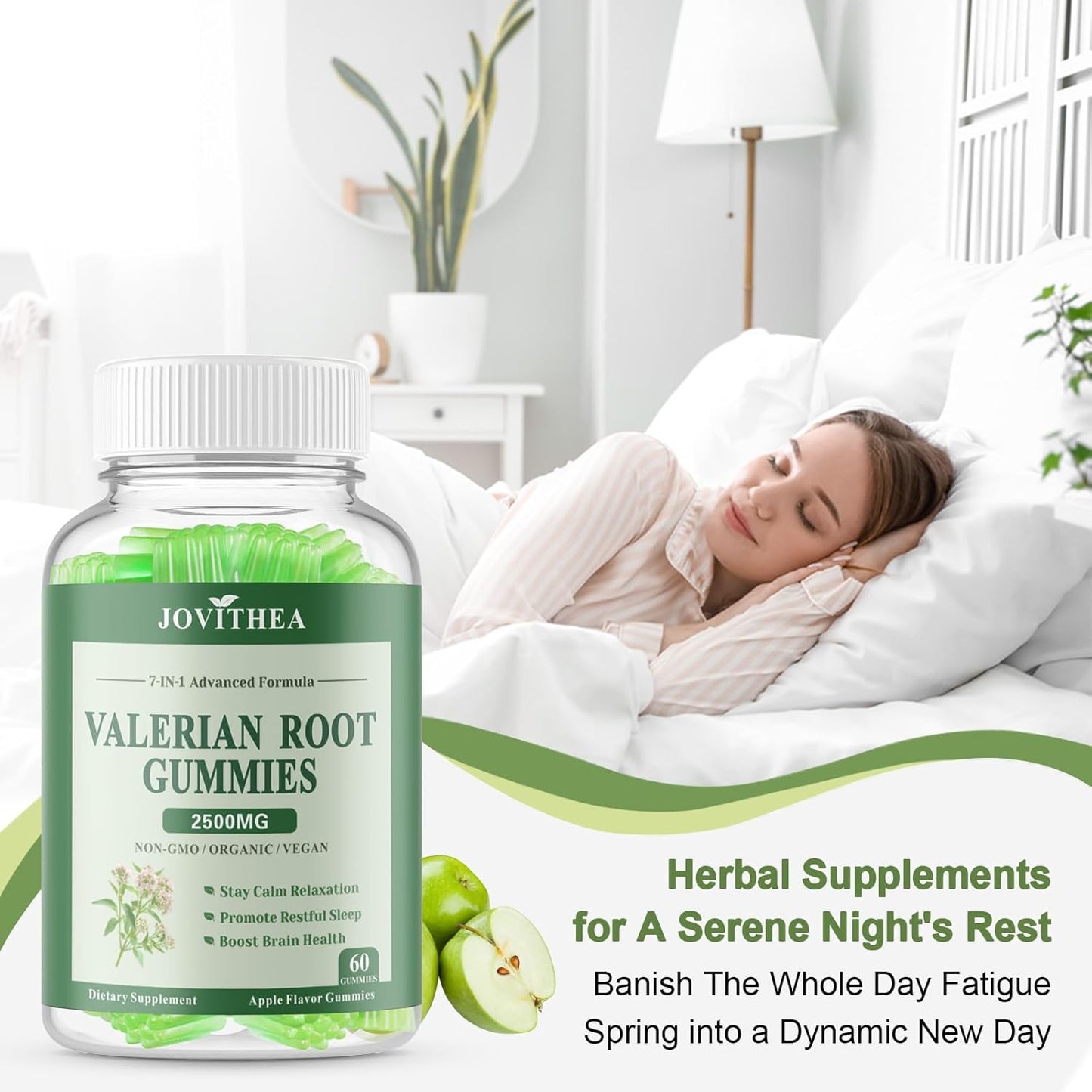 2 Pack Organic Valerian Root Gummies, Herbal Supplements for Calm & Relaxation, Natural Sleep Support for Adults & Kids, Melatonin Free, Vegan, Non-GMO, Gluten Free, Apple Flavor, 120 Count