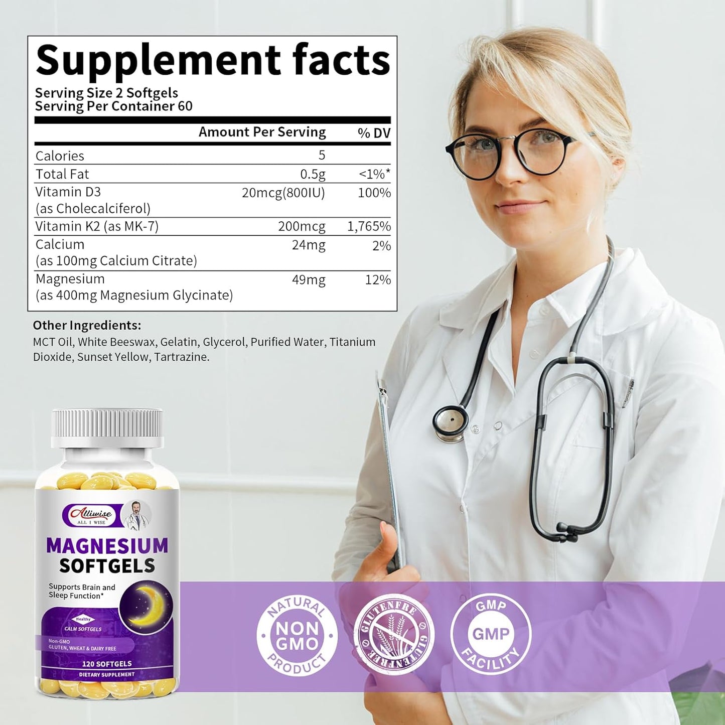 2 Pack High Absorption Magnesium Glycinate 400mg Softgels Supplement, Magnesium with Calcium - Highly Bioavailable - with Vitamin D3 & K2, for Sleep, Mood, Brain Support