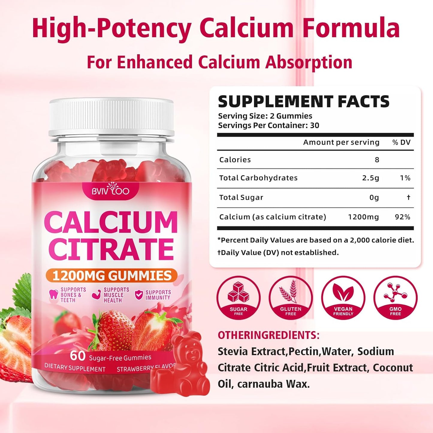 2 Packs High Absorption Calcium Citrate Gummies 1200mg - Bone & Teeth Support for Adults & Kids, Vegan Sugar-Free Gummies, Strawberry Flavor, 120 Count
