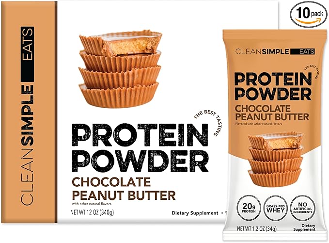 Clean Simple Eats Whey Protein Powder, Chocolate Peanut Butter Flavor Naturally Sweetened, 100% Grass Fed Protein Powder with Digestive Enzymes & No Artificial Ingredients, Gluten Free, 10 Stick Packs