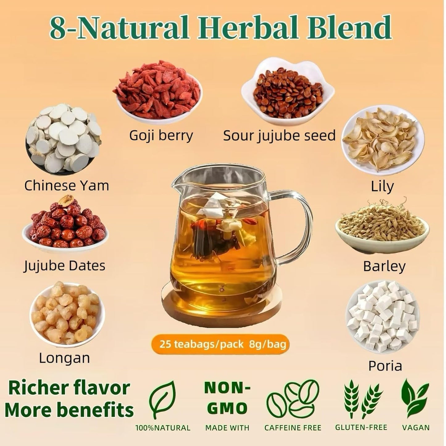 25 Organic Sleep Tea Bags for Bedtime,Chinese Barley Tea Blend 8 Premium Natural Herbs-Sour Jujube Seed,Goji berry, Jujube dates,Sleepytime Tea for Daily Wellness,Caffeine-Free, NON-GMO