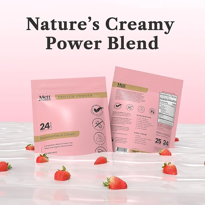 Strawberries & Cream Grass-Fed Whey + Hemp Heart Protein Powder with Bovine Collagen | 24g Protein per Serving | Supports Digestion & Daily Wellness | 1.5 lbs (25 Servings)