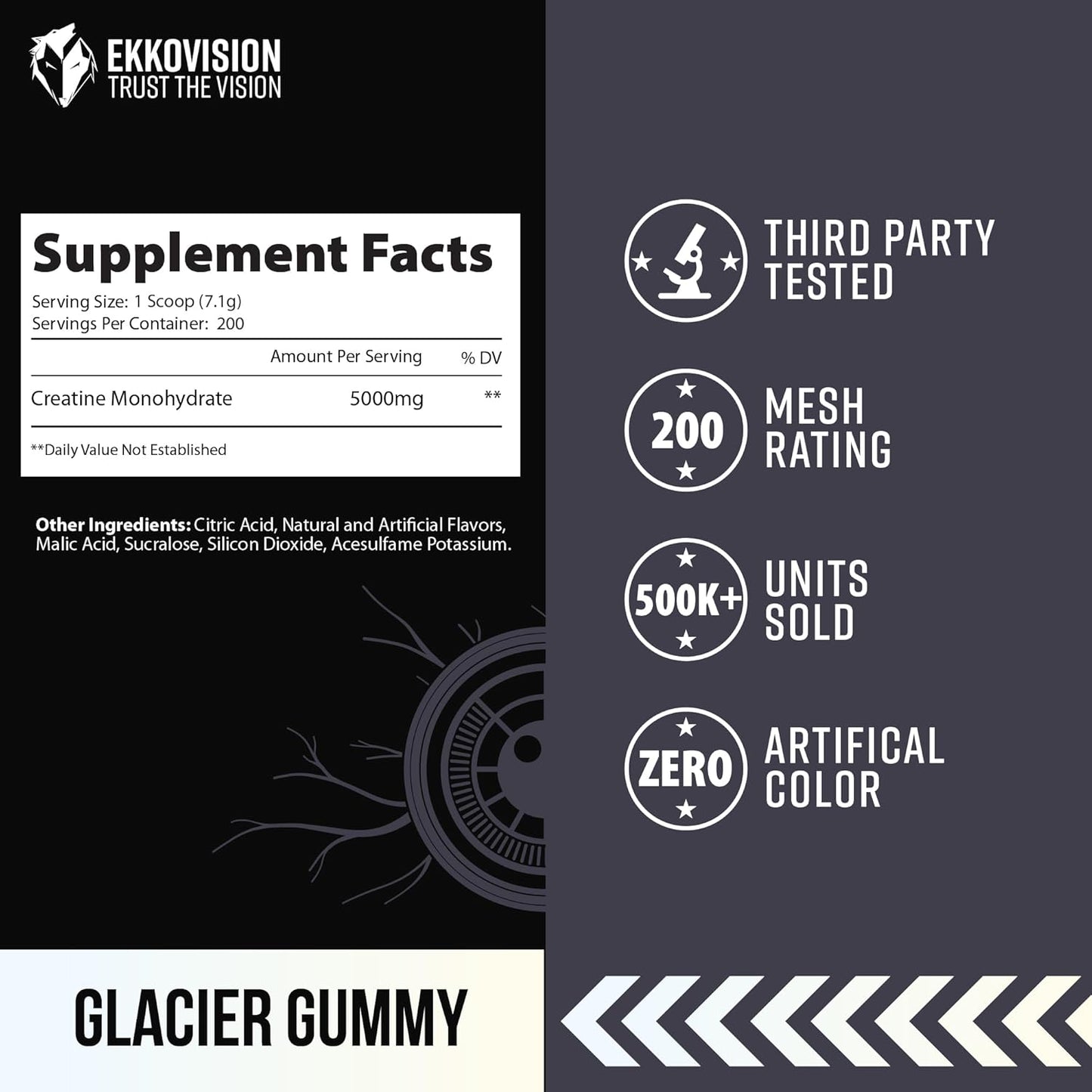 Creatine Monohydrate Powder, Micronized, Glacier Gummy, Pre Workout & Post Workout Supplement for Men & Women, Energy Support, Easy to Mix in Shakes, Smoothies & Beverages, 200 Servings