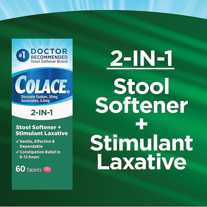 Colace 2-in-1 Stool Softener Plus Stimulant Laxative for Gentle Effective Constipation Relief, Docusate Sodium Plus Sennosides, 60 Count (Pack of 2)
