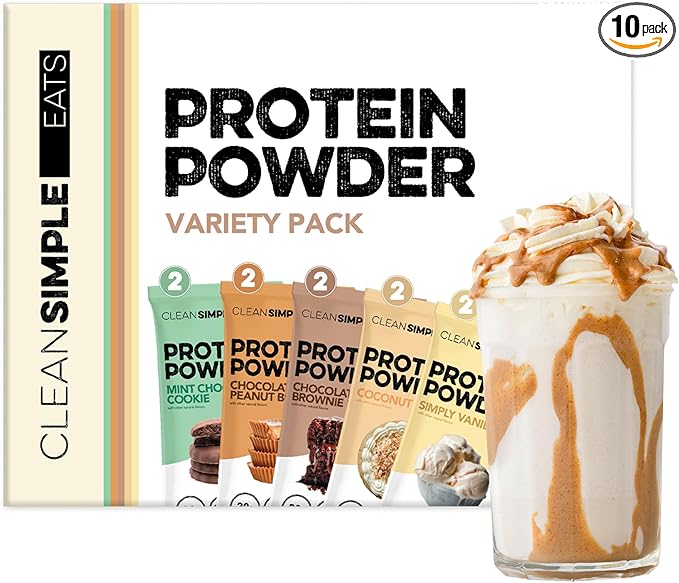 Clean Simple Eats Whey Protein Powder, Variety Pack, Naturally Sweetened Flavors, 100% Grass Fed Protein Powder with Digestive Enzymes & No Artificial Ingredients, Gluten Free, 10 Single Serve Packs
