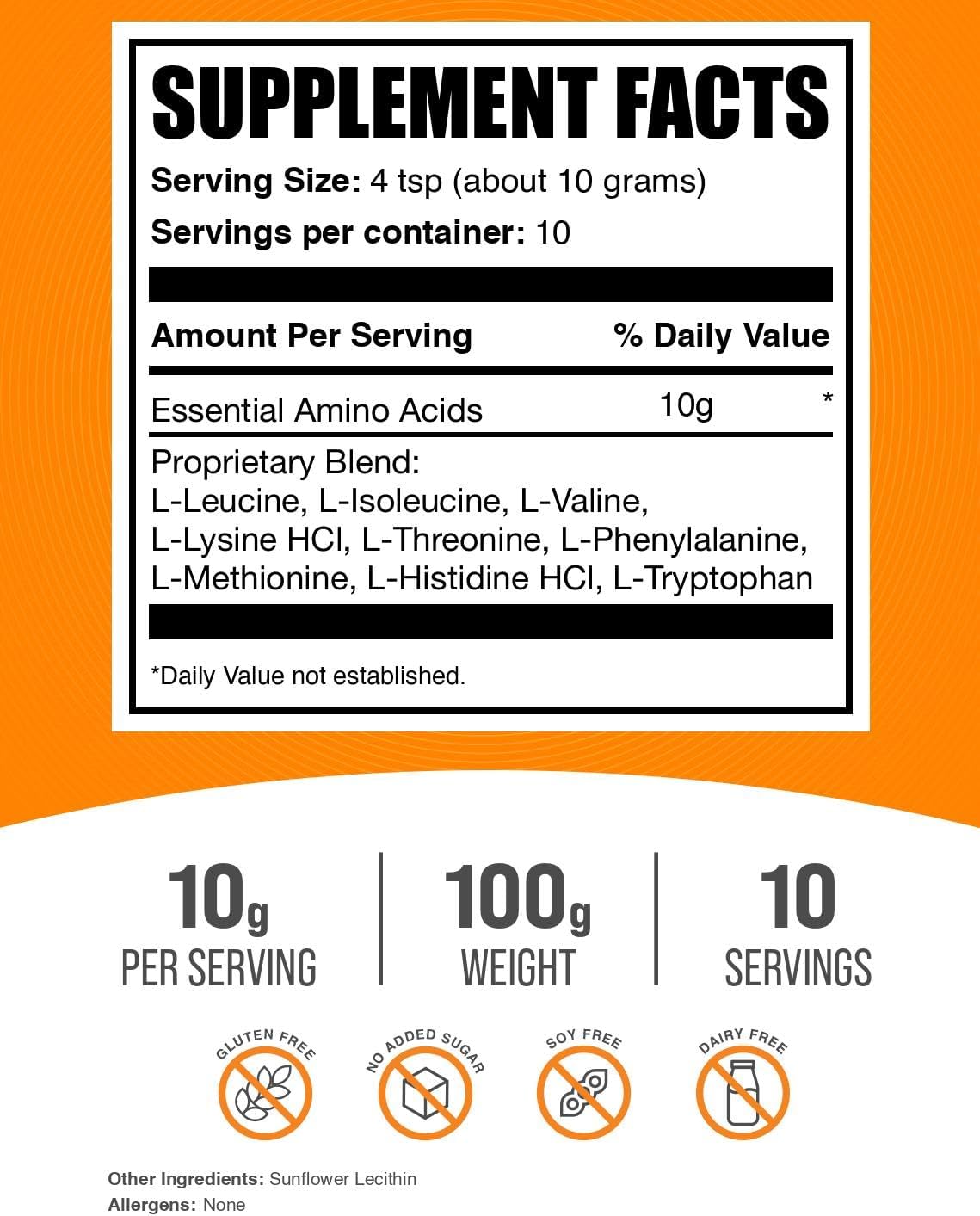 BulkSupplements.com Essential Amino Acids Powder - Essential Amino Acids Supplement, EAA Powder - Unflavored & Gluten Free, 10g per Serving, 100g (3.5 oz) (Pack of 1)