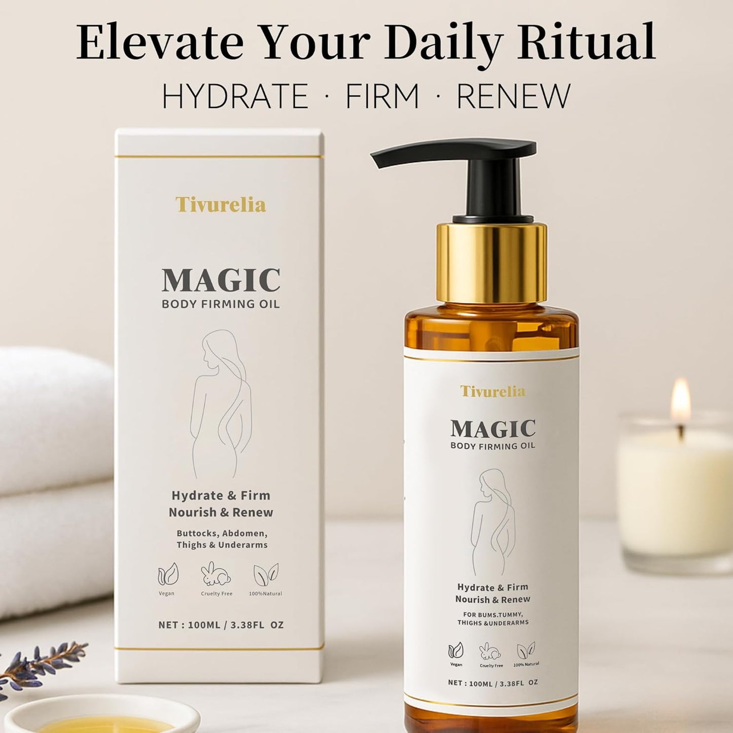 Magic Body Firming Oil – 50,000ppm Sweet Almond Oil + Rosehip & Evening Primrose Oils with Vitamin E & Essential Oils, Deep Hydration, Firming & Radiance, Lightweight Non-Greasy, 3.38 fl oz