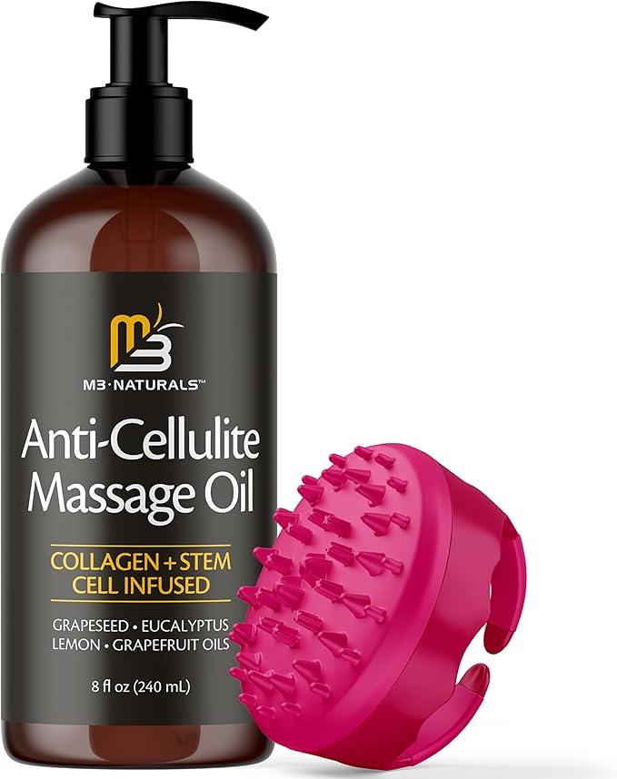 Anti Cellulite Massage Oil and Silicone Body Brush – Collagen and Stem Cell Skin Tightening Formula for Smoothing and Firming, 8 fl oz by M3