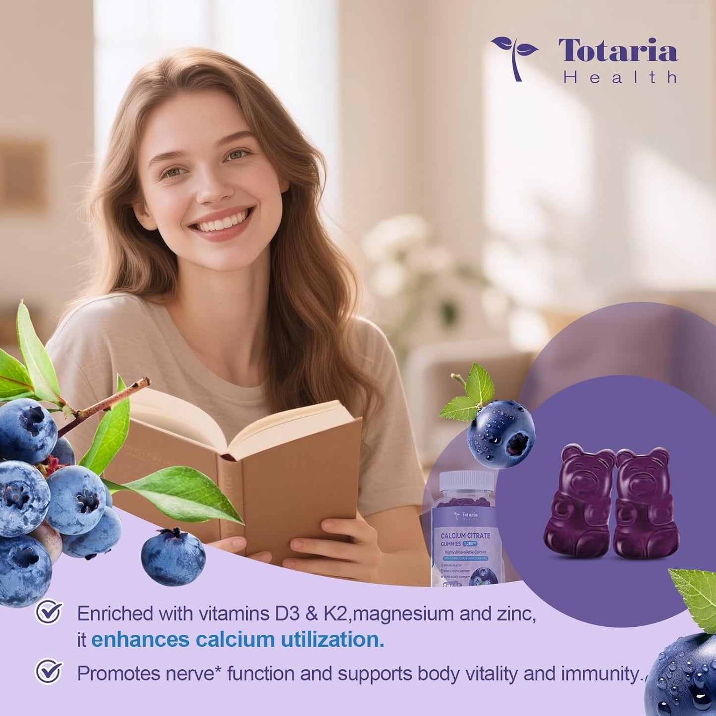 2 Pack Calcium Citrate Gummies 1200 mg - Calcium Supplements for Women with Vitamin D3 & K2,Magnesium,Zinc - Sugar Free Calcium Gummies for Bone & Teeth & Immune Support- Blueberry Flavor