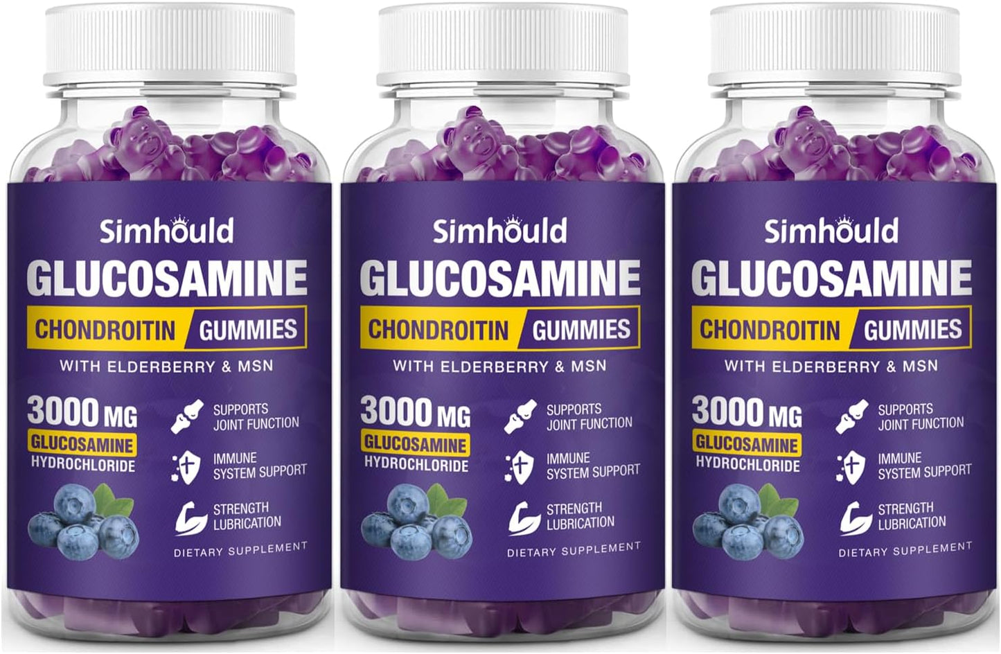 3 Packs Glucosamine Chondroitin Gummies - 3000MG Extra Strength Joint Support Supplement with MSM & Elderberry, Flexibility, Antioxidant Immune Support Gummy for Adults, Men & Women