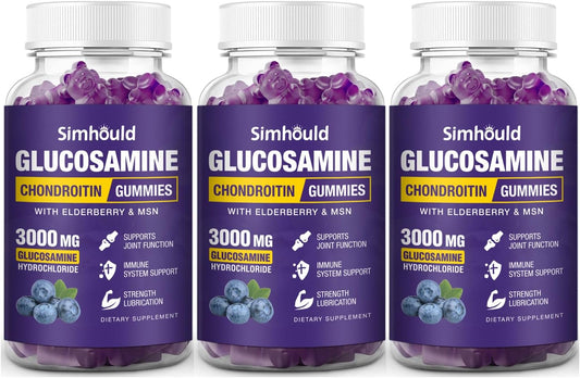 3 Packs Glucosamine Chondroitin Gummies - 3000MG Extra Strength Joint Support Supplement with MSM & Elderberry, Flexibility, Antioxidant Immune Support Gummy for Adults, Men & Women