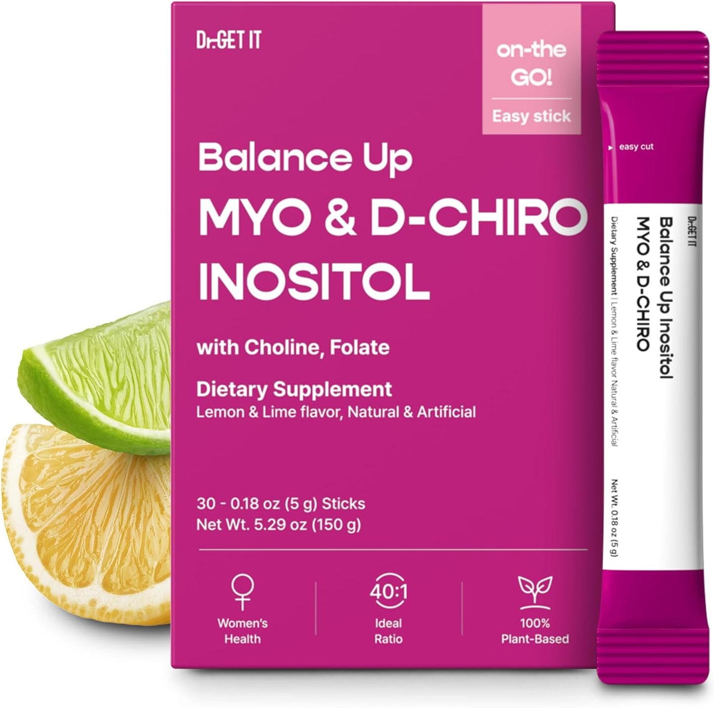 Balance Up Myo-Inositol & D-Chiro Inositol | 40:1 with Folate & Choline Hormone & Reproductive Health for Women| On-The-Go Powder Stick Supplement| Lemon Lime Flavor 30 Single-Serve Sticks