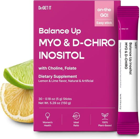 Balance Up Myo-Inositol & D-Chiro Inositol | 40:1 with Folate & Choline Hormone & Reproductive Health for Women| On-The-Go Powder Stick Supplement| Lemon Lime Flavor 30 Single-Serve Sticks