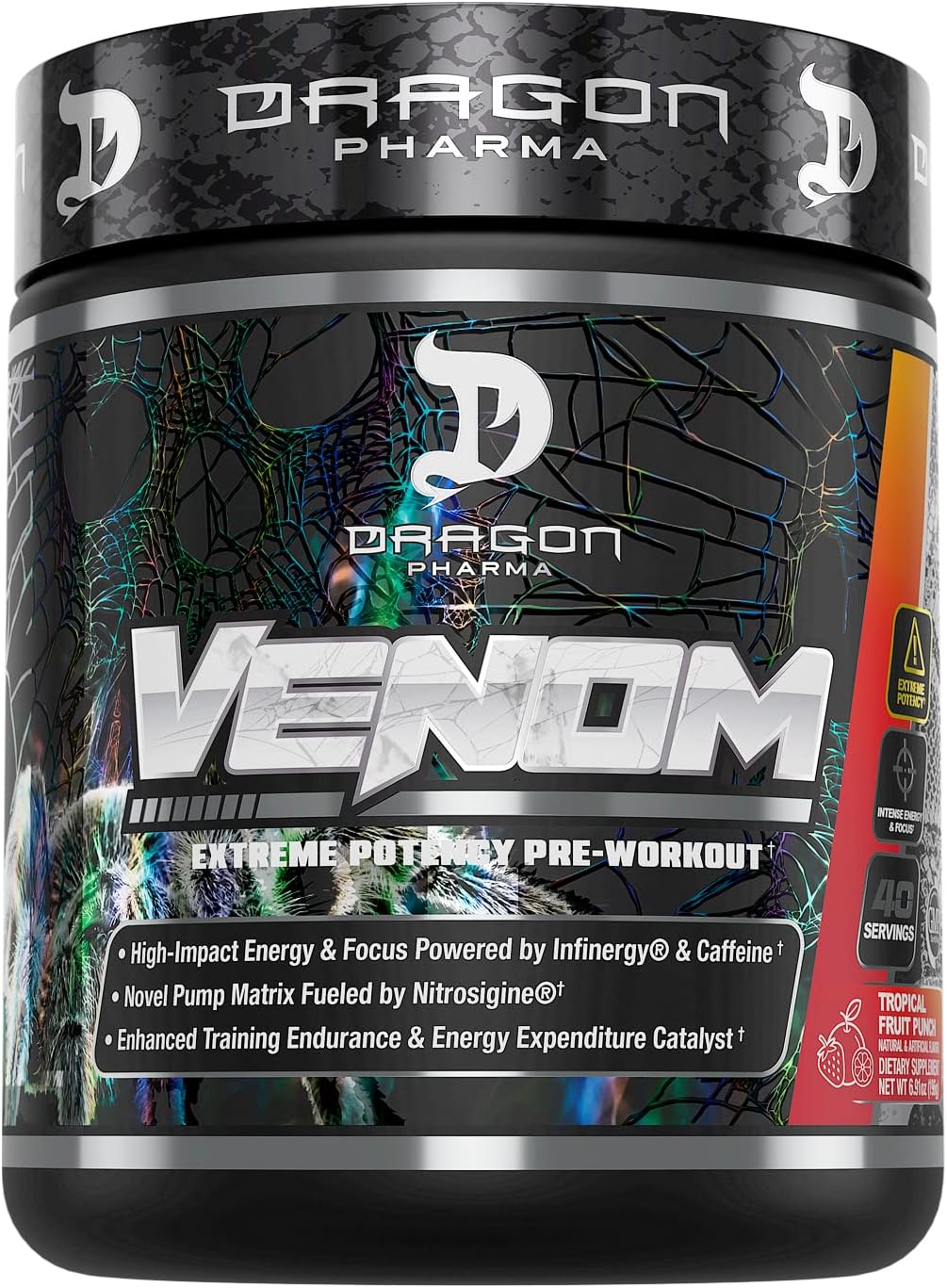 DRAGON PHARMA Venom Extreme Potency Pre-Workout, Laser Sharp Focus + Energy, Intense Performance, Proven Ingredients for Enhanced Vasodilation & Endurance (40 Servings, Fruit Punch)
