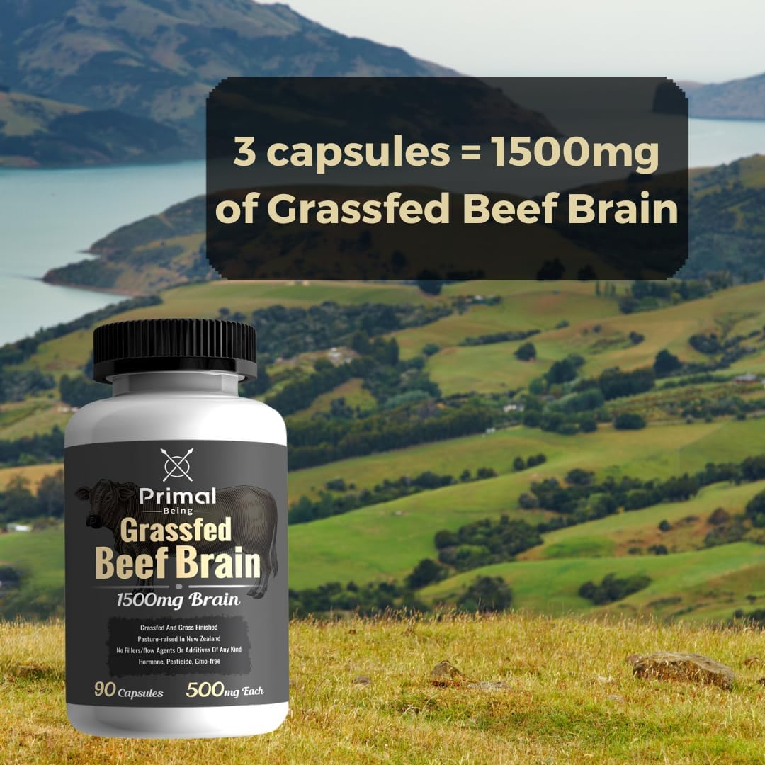 Primal Being Grassfed Beef Brain, Supports Memory, Mood, Focus, Energy, Cognitive Health - 90 Capsules, 1500mg per Serving