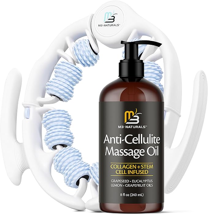 Anti Cellulite Oil and Lymphatic Drainage Massager Kit | Fascia Blaster for Contoured & Smoother Skin | Muscle Roller for Sore Arms, Legs, and Stomach, 8 fl oz by M3