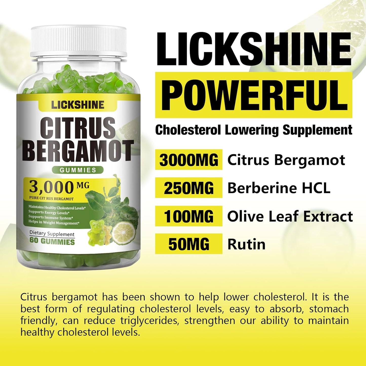 2 Pack 3000MG Citrus Bergamot Gummies - Citrus Bergamot Extract Cholesterol Lowering Supplement for Immune Support Anti-Aging, Hight Cholesterol Sugar-Free Vegan Lime Flavor 120 Cts