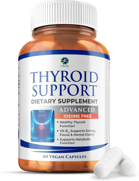 1 Body Thyroid Support Supplement, Iodine-Free, Vegan, with L-Tyrosine and Ashwagandha, 60 Capsules
