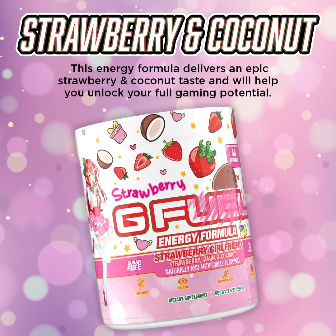 G Fuel Strawberry Girlfriend Energy Drink Powder, Pre Workout Caffeine Mix for Gaming, Sugar Free Focus Amino + Antioxidants, 9.9oz (Strawberry Guava, Coconut, 40 Servings)
