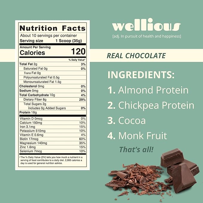 wellious Almond Protein Powder (Chocolate) - 18 Grams of Pure Healthiest Vegan Protein for Women & Men - Perfect Gluten-Free, Soy-Free & Smooth Gut Friendly Protein Powder for Sports Nutrition