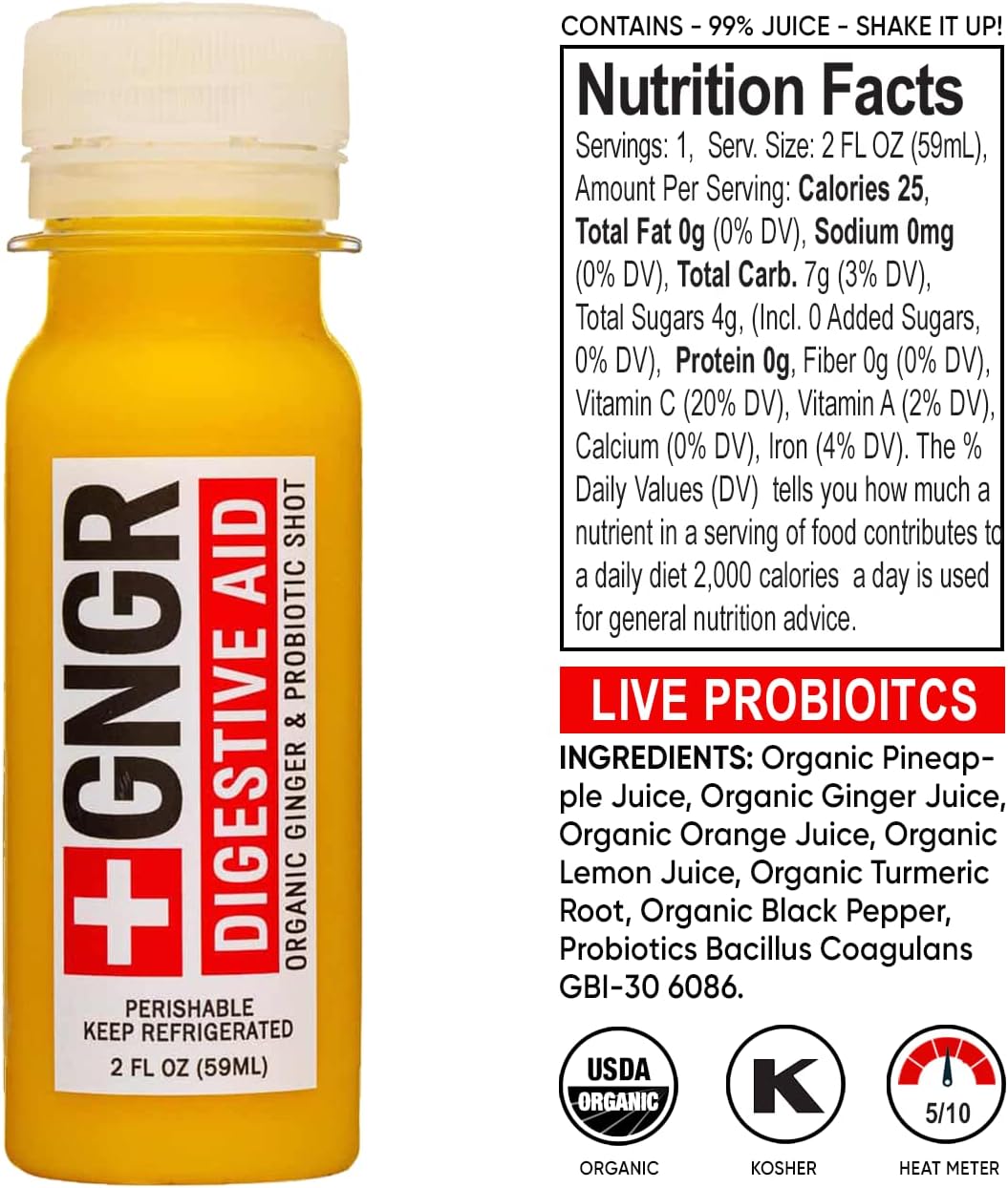 +GNGR Digestive Aid Organic Ginger Shots with Probiotics, Gut Health, Colon Cleanse, Bloating Relief, Gut Detox, Immunity Shots with Ginger Juice, Turmeric, Black Pepper. (2 Oz, Pack of 12)